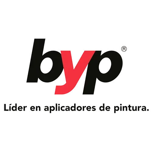 El logo de byp es negro y rojo y dice líder en aplicadores de pintura.