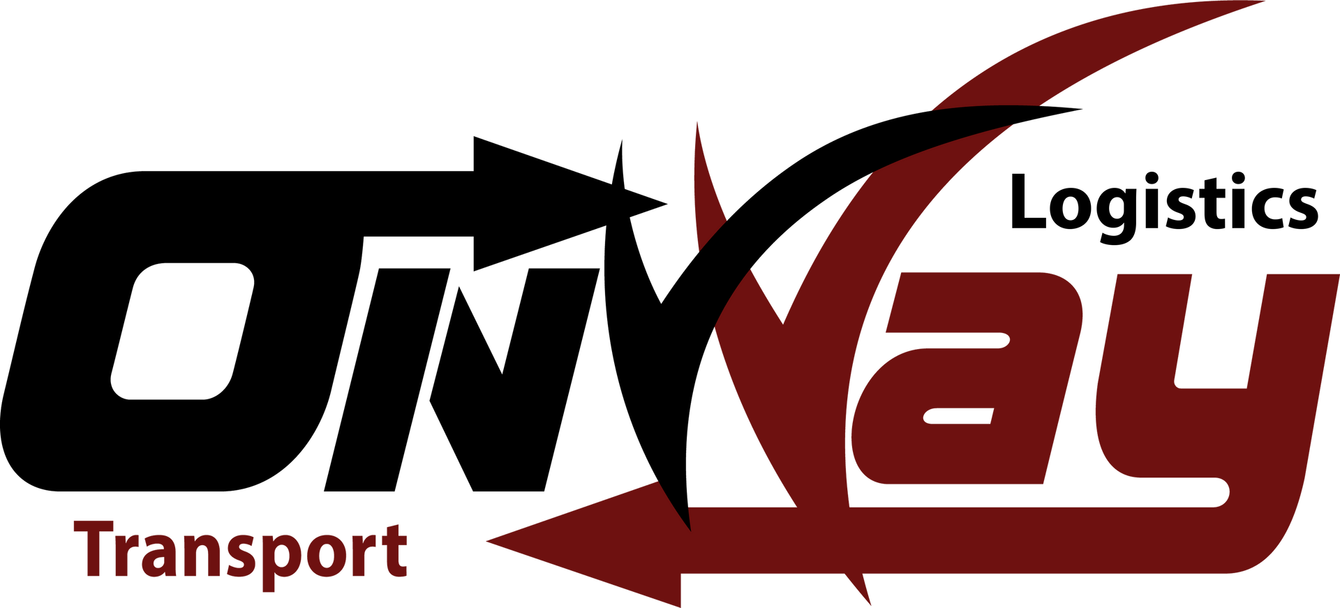 a red and black logo for onway logistics transport