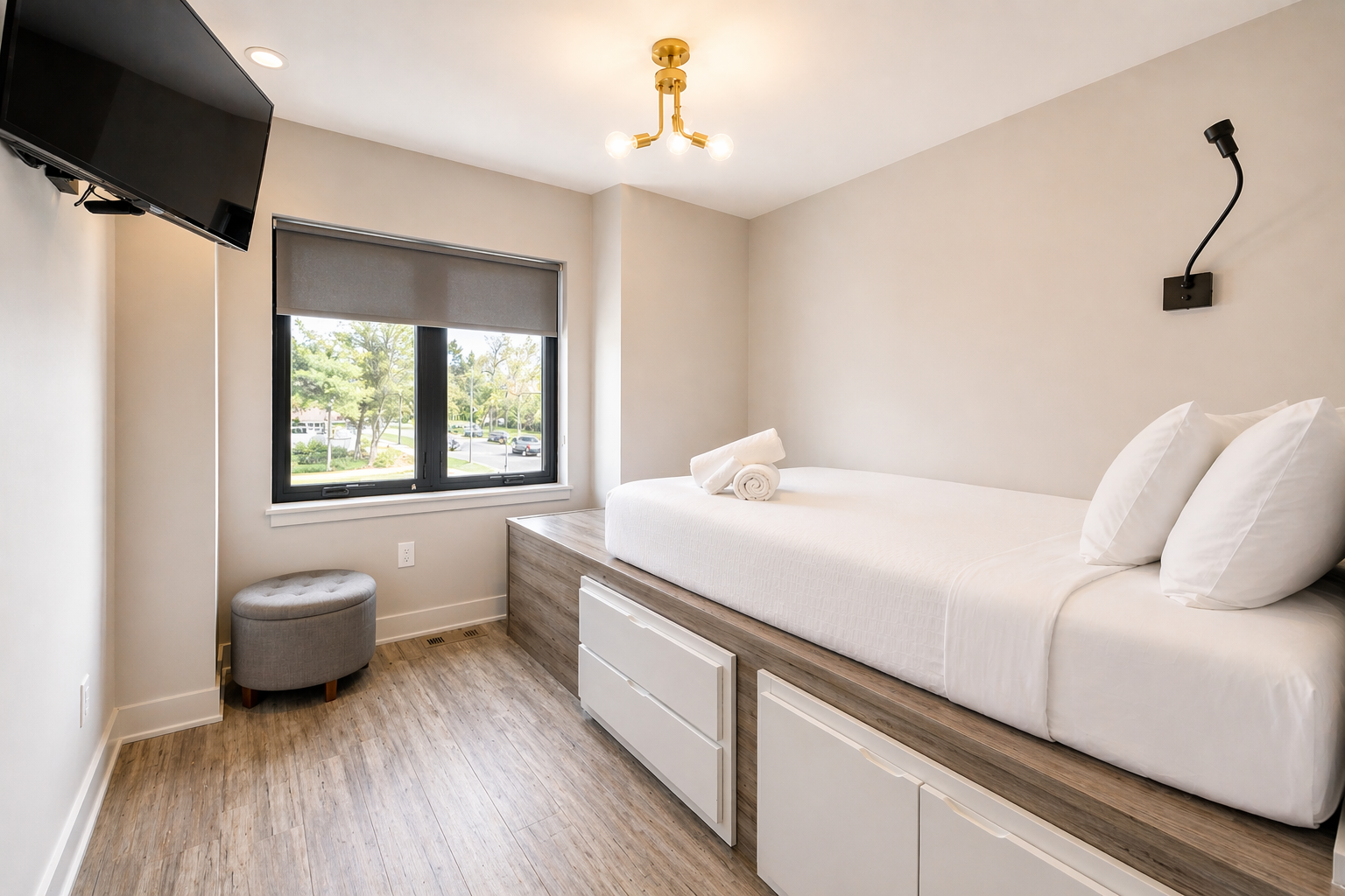 Small bedroom with a single bed, window, wall-mounted TV, and light gray decor.