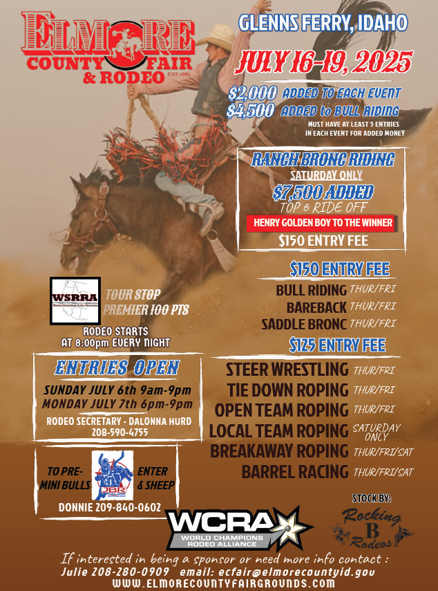 Poster for Elmore County Fair & Rodeo in Glenns Ferry, Idaho, July 16-19, 2025; featuring rodeo events.