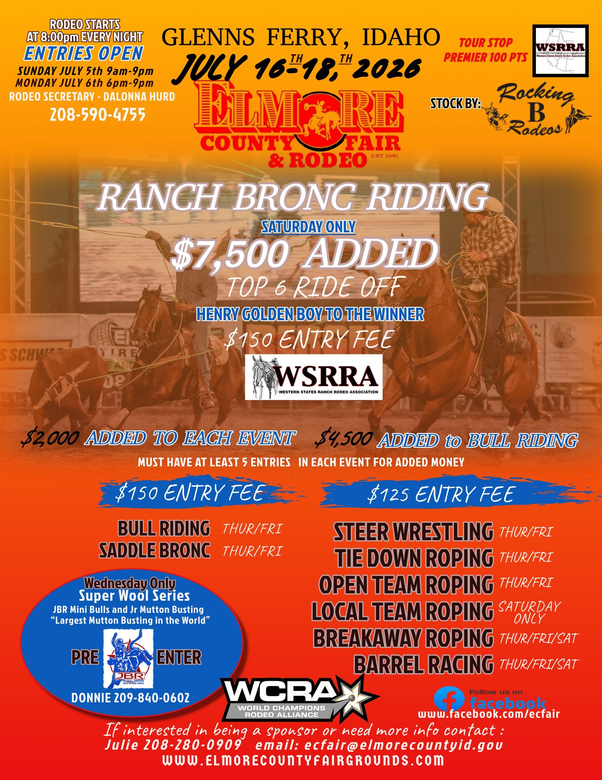 Bronc riding rodeo poster in orange and blue for Glenns Ferry, Idaho, with event dates and prize details