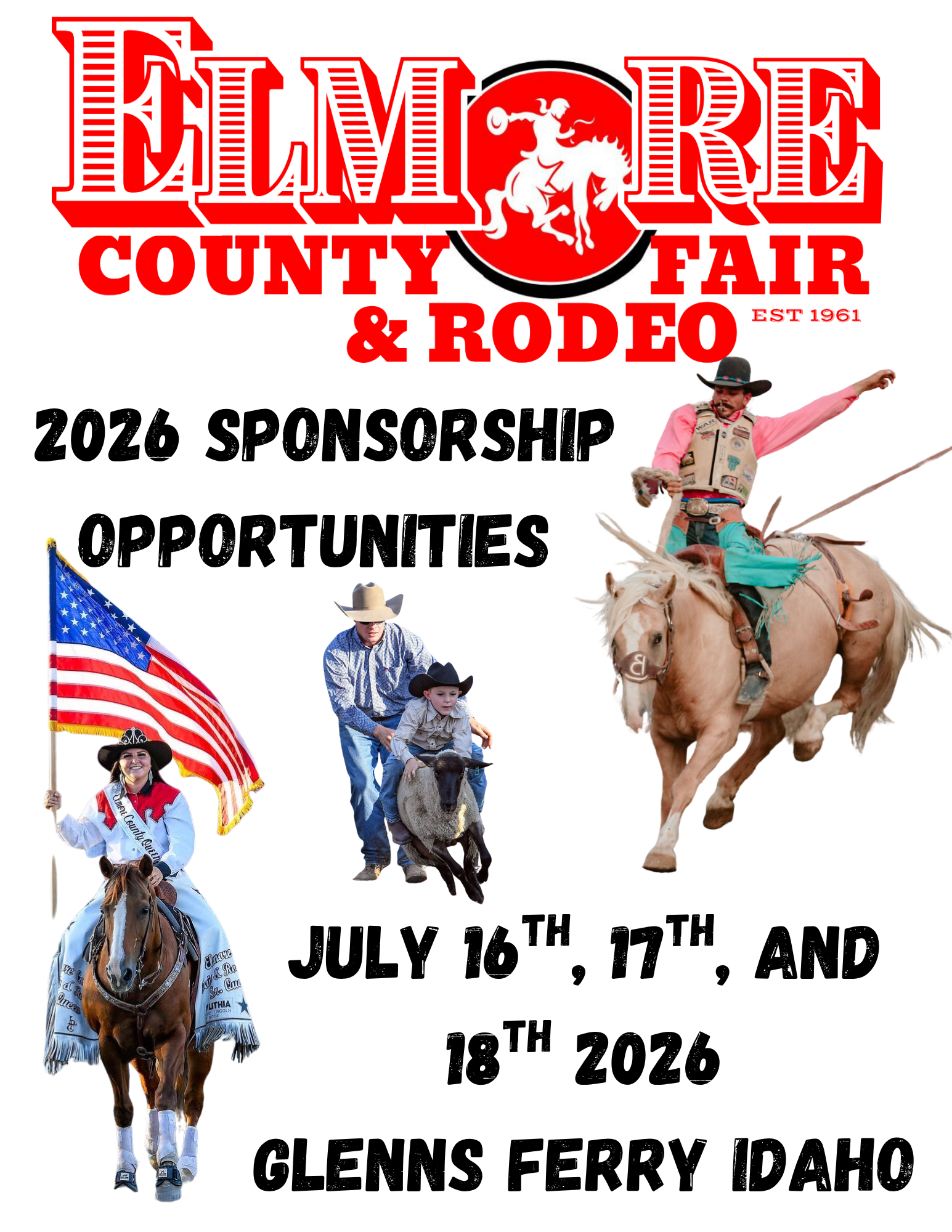 Poster for the Elmore County Fair & Rodeo in Glenns Ferry, Idaho, July 16-18, 2026. 