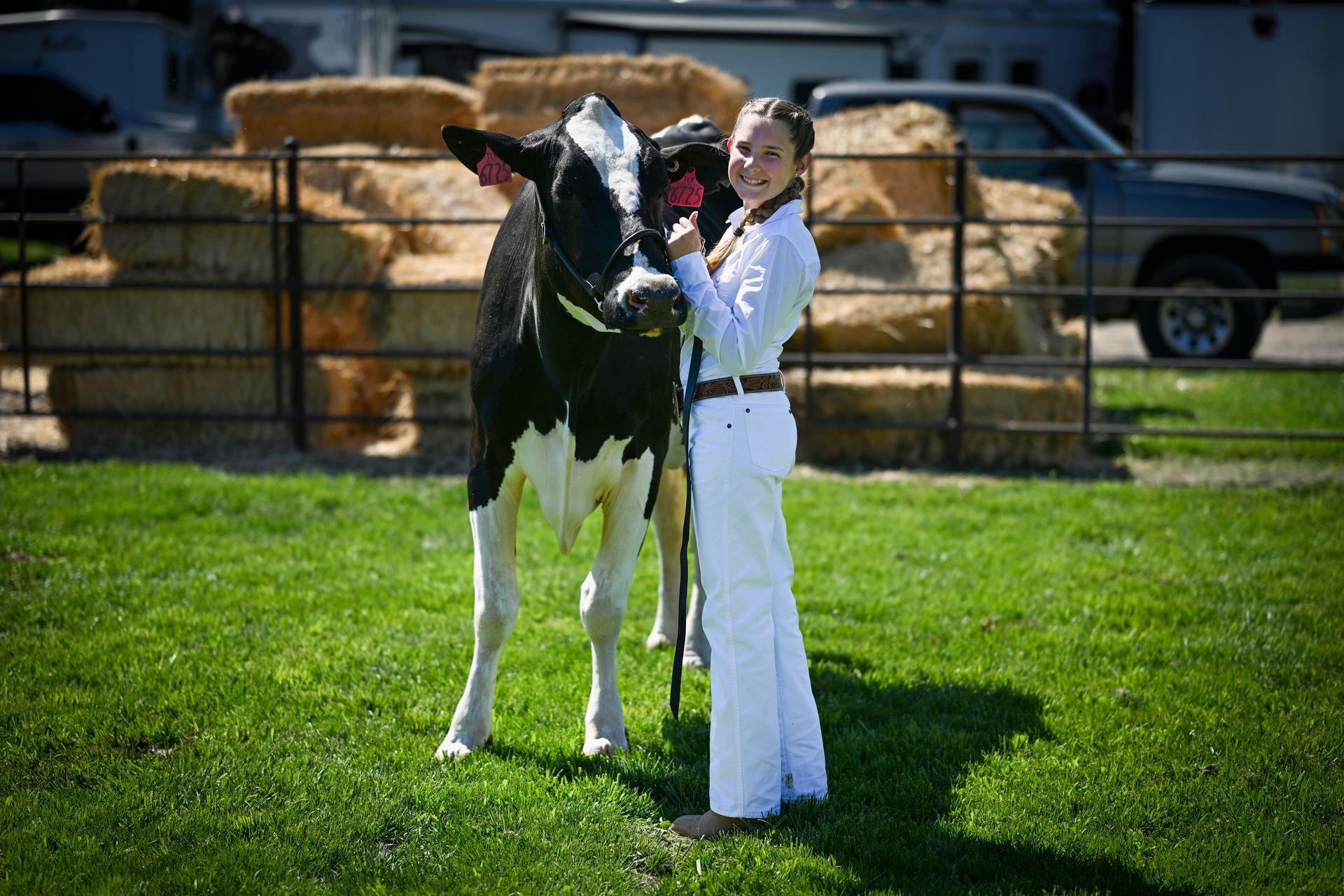 Young person in white attire with a black and white cow in a grassy area, hay bales in background.