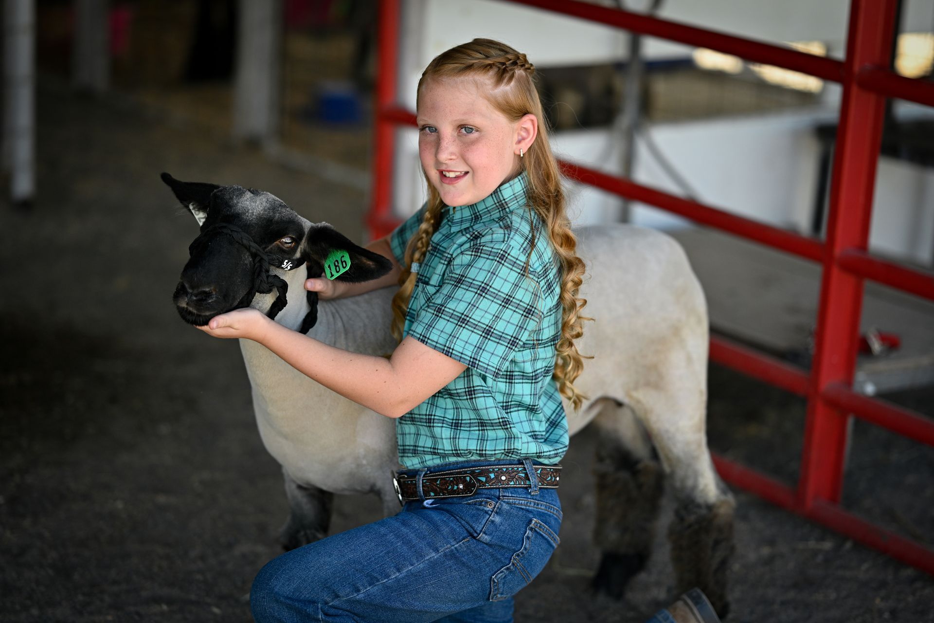 A young girl is holding a sheep in her hands.