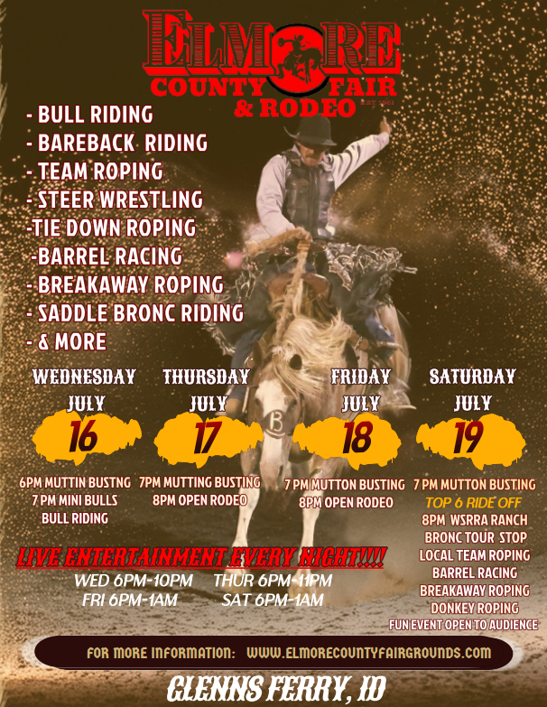 Poster for the Elmore County Fair & Rodeo in Glenns Ferry, ID, featuring rodeo events, dates, and live entertainment.