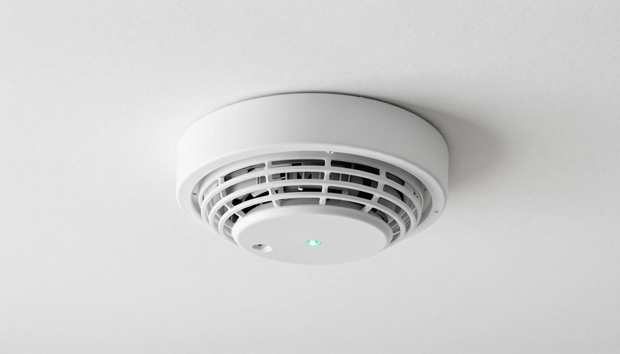 Ceiling-mounted white smoke detector with a small green indicator light