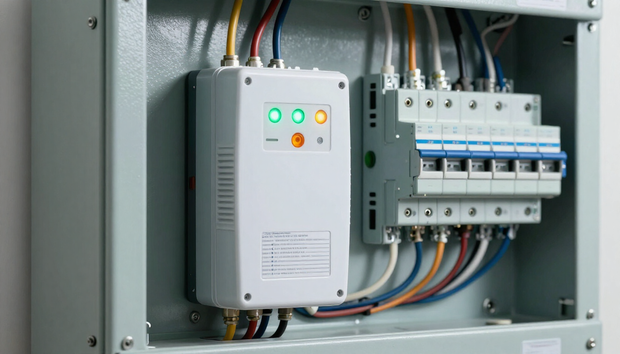 Electrical control panel with indicator lights and circuit breakers inside a metal cabinet