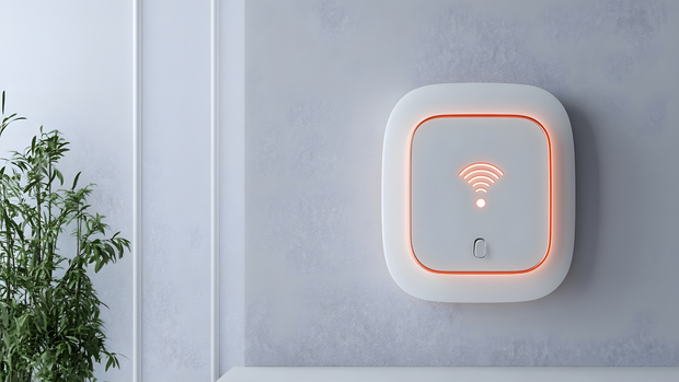 Wall-mounted smart device with glowing orange WiβFi icon on a light gray wall beside a plant.