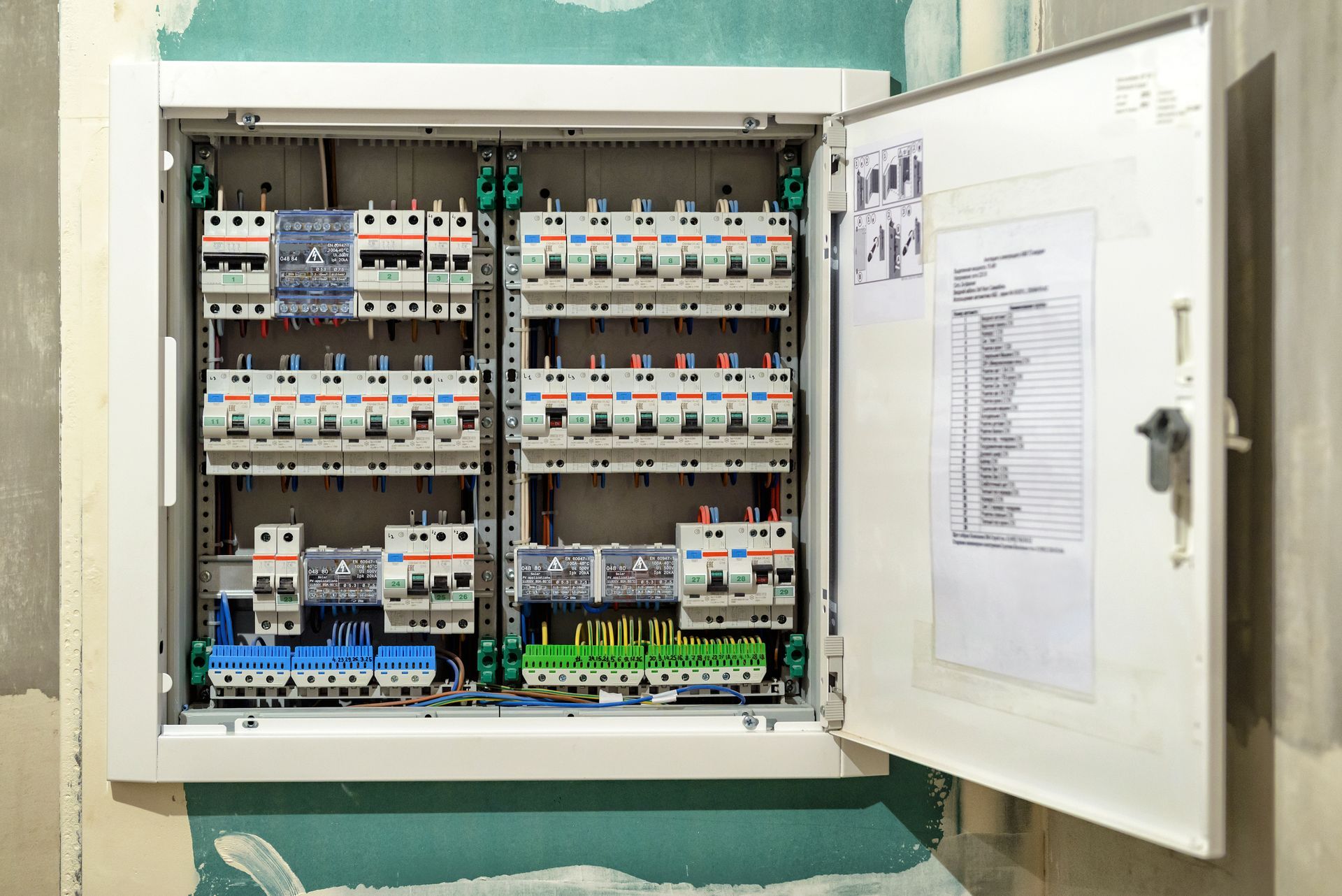 Open electrical control panel with rows of circuit breakers and labeled wiring inside a white cabinet.