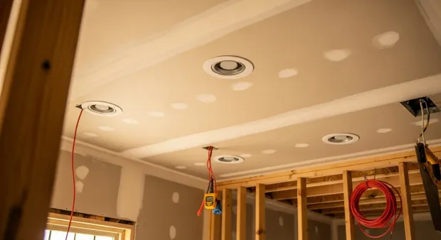 Ceiling of a room under construction with recessed lights, exposed framing, and hanging wires