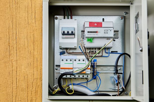 Open electrical control panel with breakers, wiring, and meters mounted in a wall cabinet