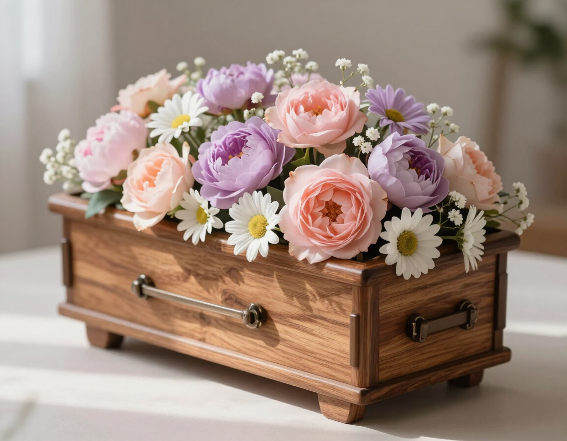 Small baby casket draped with delicate pastel flowers
