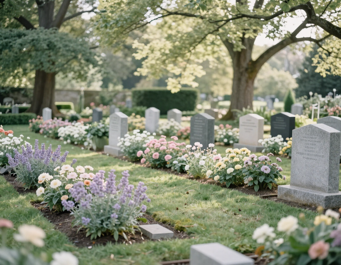Peaceful cemetery garden with small memorial stones and soft pastel flowers