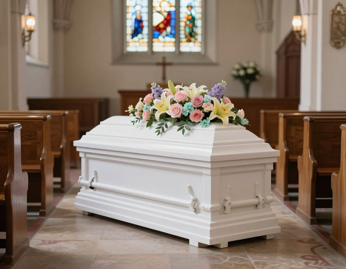 Small white casket with soft pastel flowers in a peaceful chapel setting