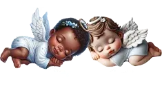 Two sleeping baby angels with white wings, resting side by side
