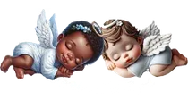 Two sleeping baby angels with white wings, resting side by side