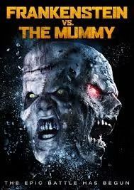 Movie poster for Frankenstein vs. The Mummy with two monstrous faces and glowing eyes against a dark background