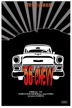 Black-and-white poster of a vintage car with red “56 Chevy” text and gray sunburst rays.