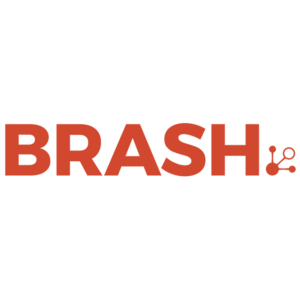 A red and white brash logo on a white background