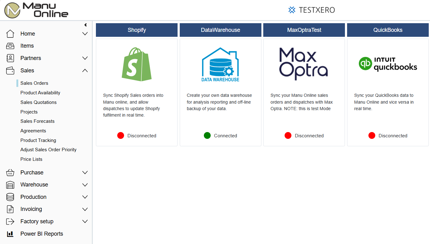 Manu Online -integraationäyttö, jossa näkyvät integraatiot Shopifyyn, Manu Online -tietovarastoon, Max Optraan ja Intuit QuickBooksiin
