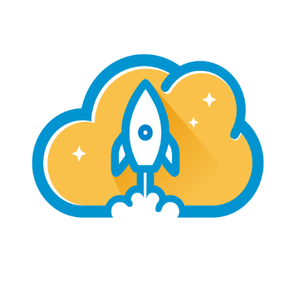 A blue and yellow cloud with a rocket coming out of it.