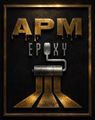 Gold APM Epoxy logo with a paint roller on a black background