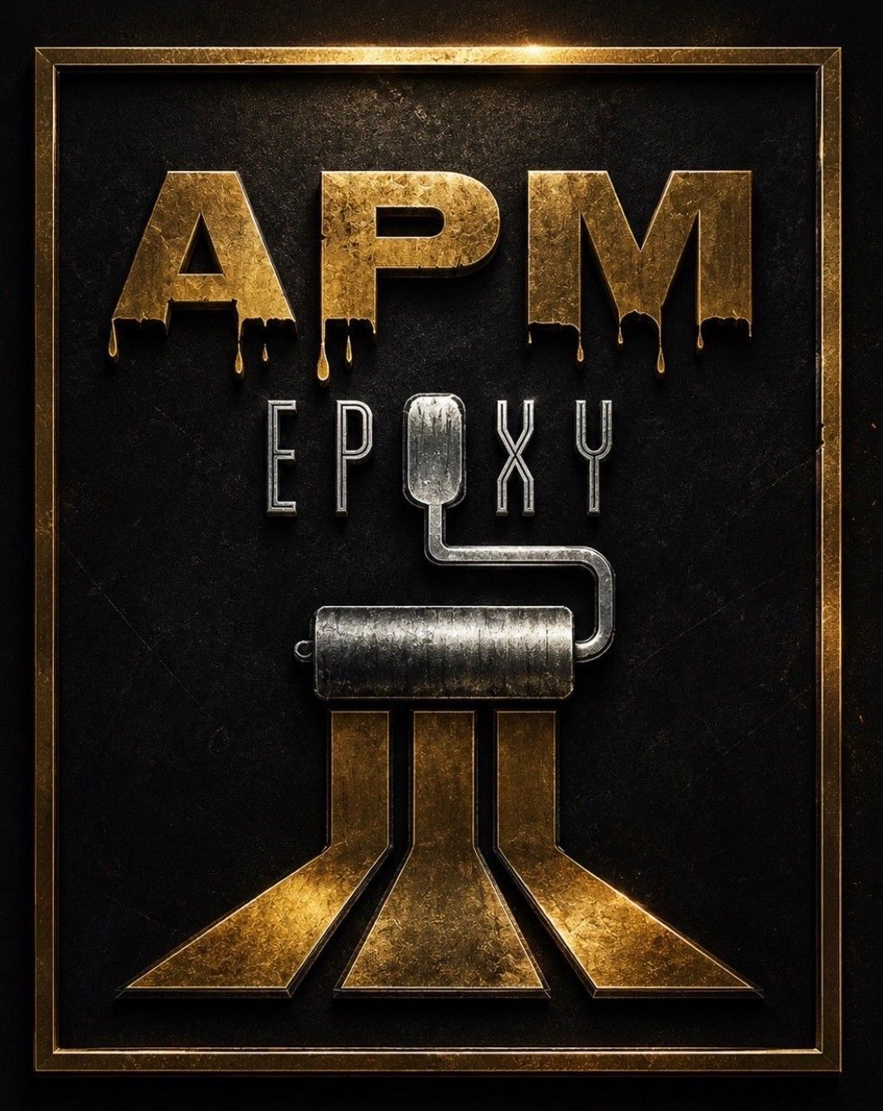 Gold APM Epoxy logo with a paint roller on a black background