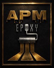 Gold APM Epoxy logo with a paint roller on a black background