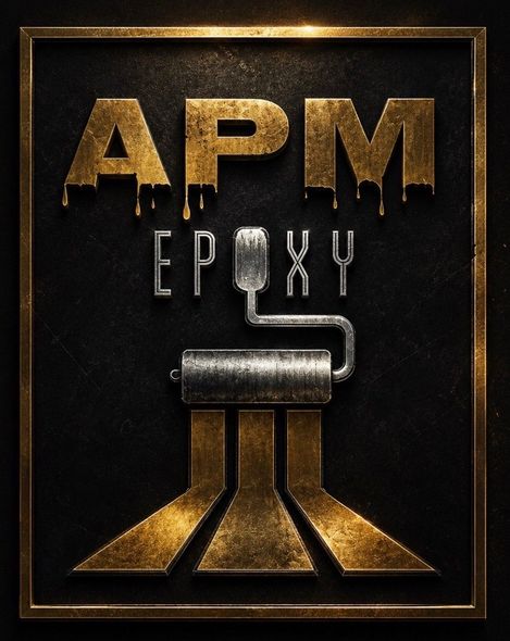 Gold APM Epoxy logo with a paint roller on a black background