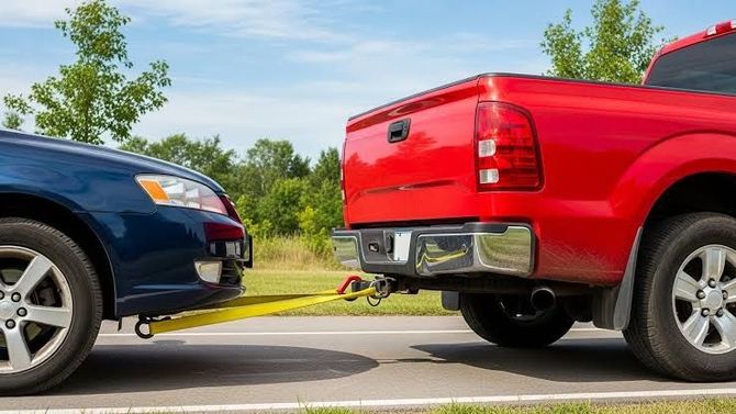 Blue car and red pickup truck connected by a tow strap on a road.
