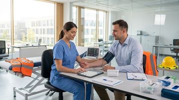 Medical professional drawing blood from a patient's finger for a COVID-19 test; test materials on white table.