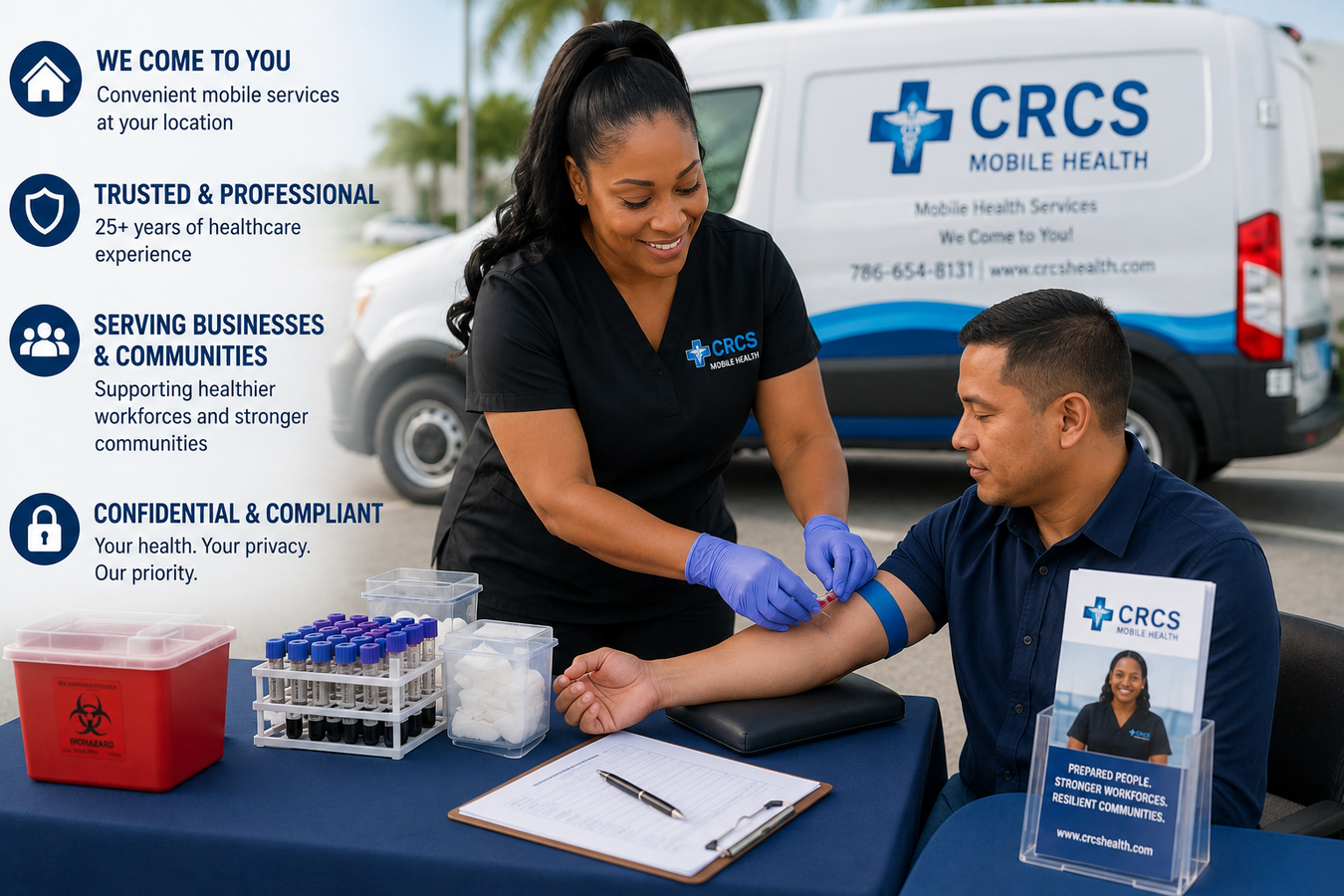 CRCS staff member takes blood pressure at a community health outreach table beside a mobile clinic van