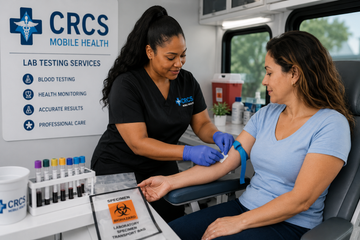 Medical professional drawing blood from a patient's finger for a COVID-19 test; test materials on white table.