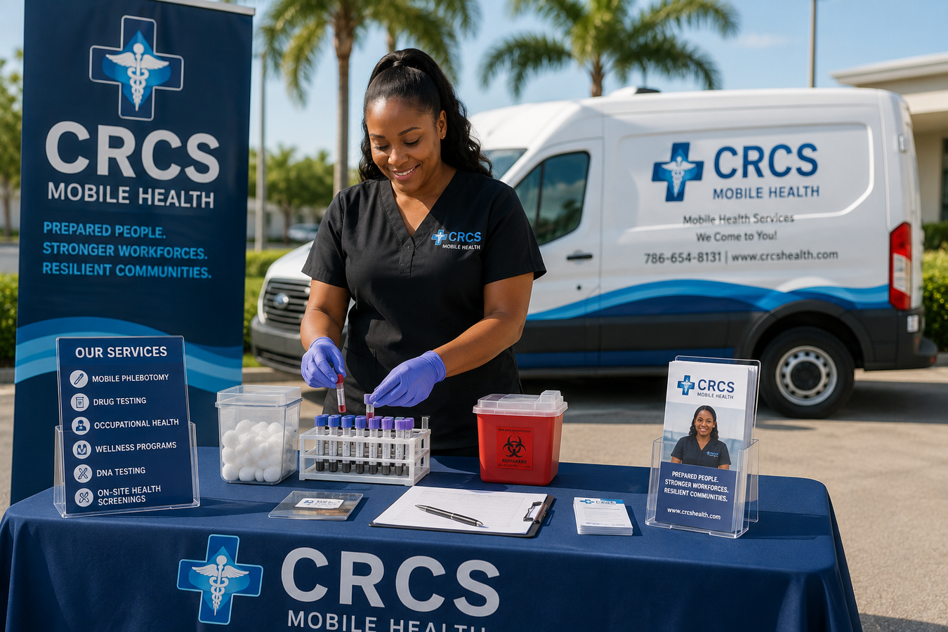 CRCS mobile health booth with a staff member setting out supplies beside a branded van outdoors