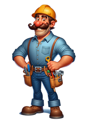 Cartoon construction worker in blue overalls, yellow hard hat, and tool belt, standing with hands on hips.