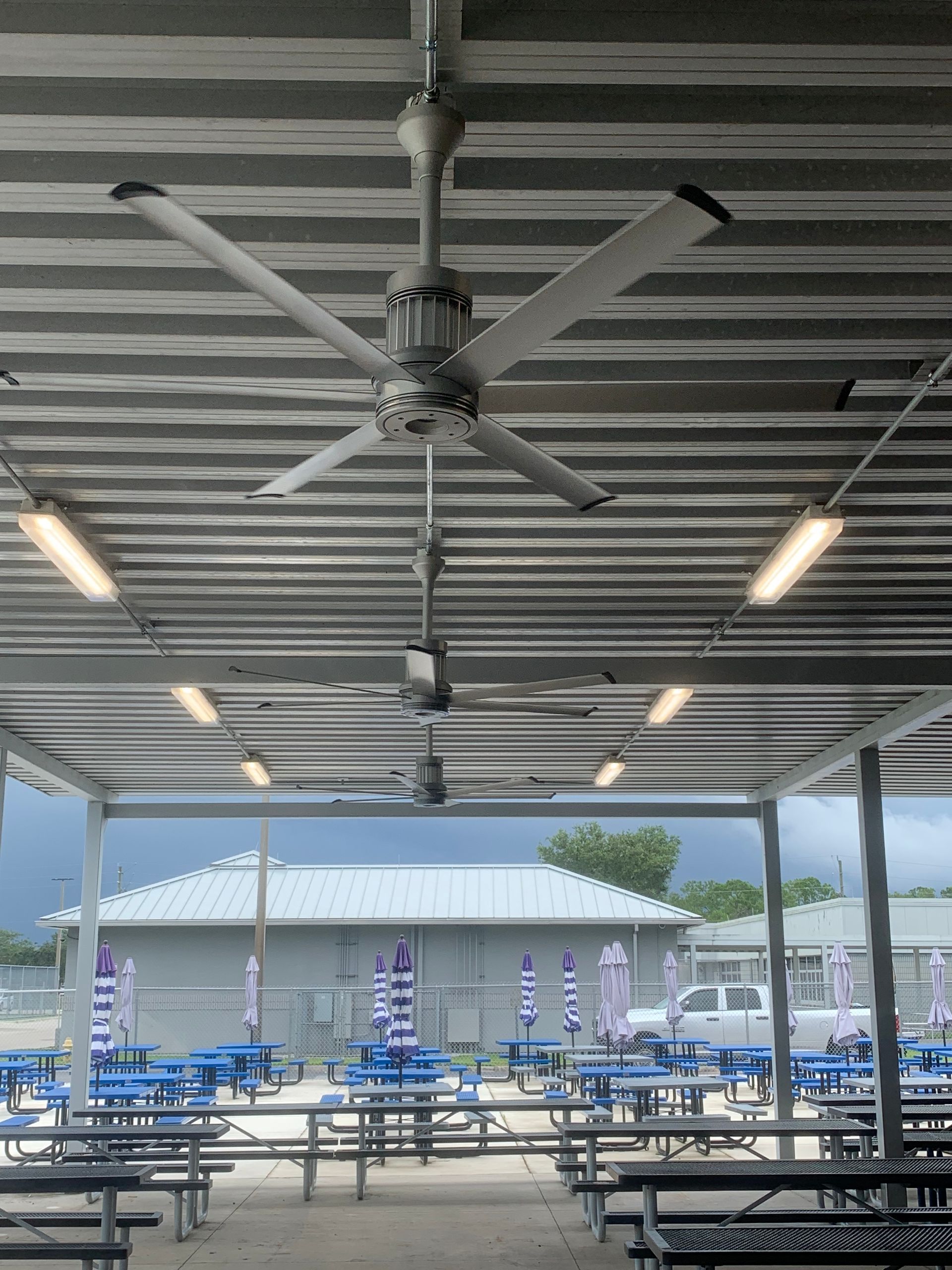 Covered outdoor picnic area with blue tables, ceiling fans, and a view of a white building and tree.