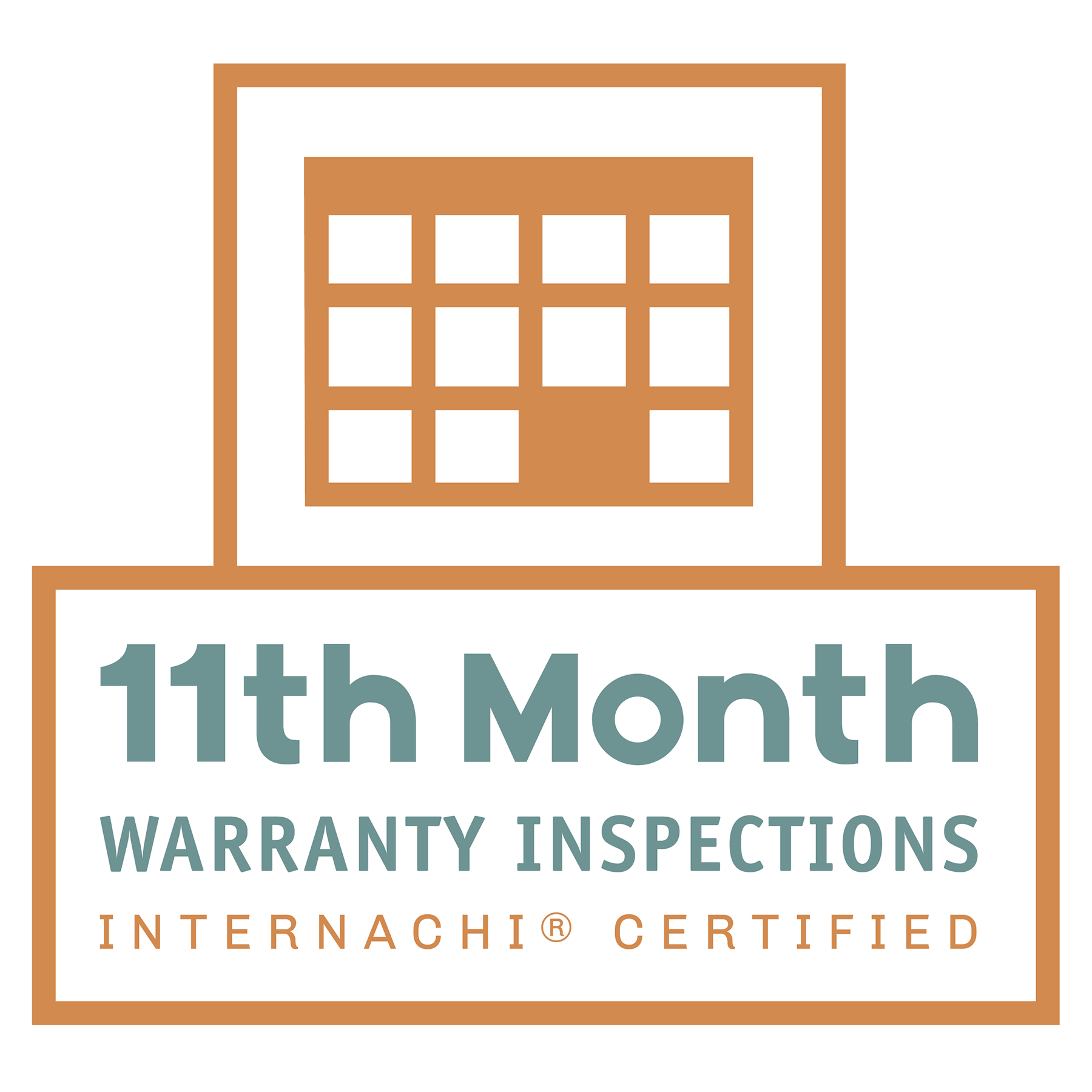 Logo for 11th Month Warranty Inspections with orange house icon and teal text, “Internachi certified”
