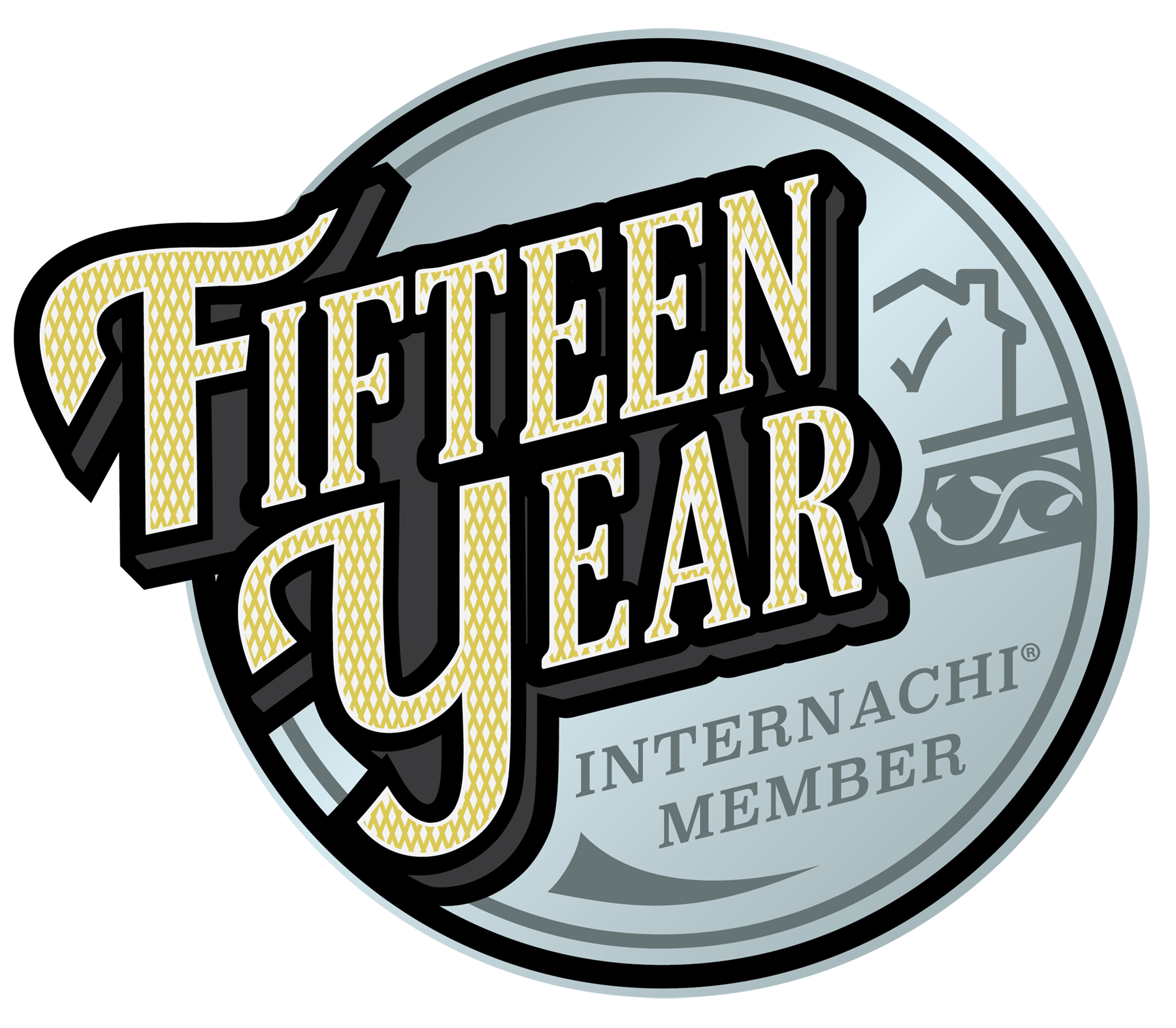 Fifteen Year International Member badge with black and gold lettering on a gray circular seal