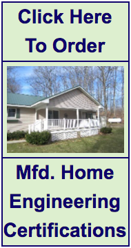 Blue-bordered ad with “Click Here To Order,” house photo, and “Mfd. Home Engineering Certifications” text