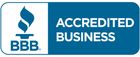BBB Accredited Business logo, blue and white, with a flame icon.