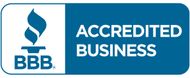 BBB Accredited Business logo, blue and white, with a flame icon.