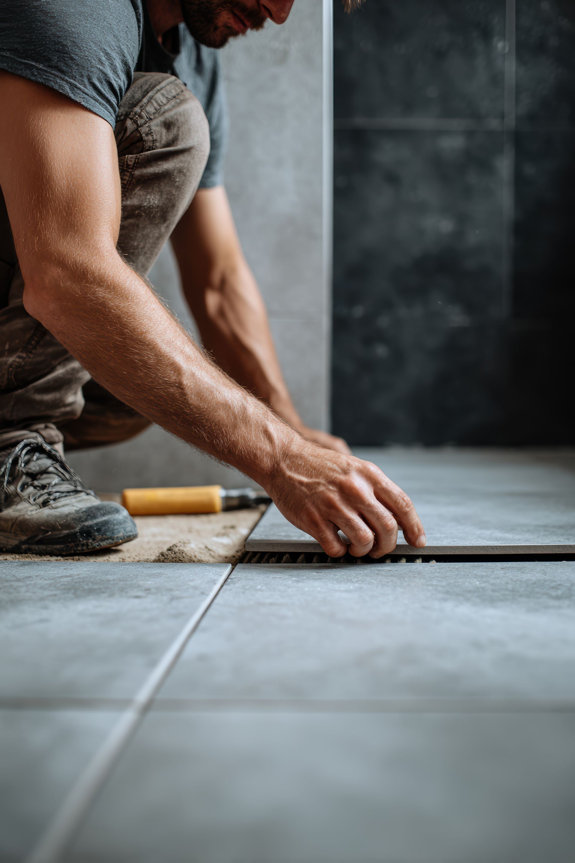 Worker laying gray floor tiles with a trowel in a tiled room