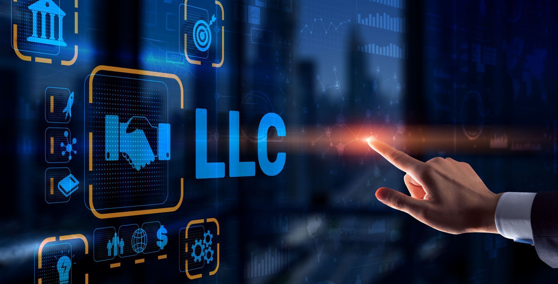 A person is pressing a button on a screen that says llc.