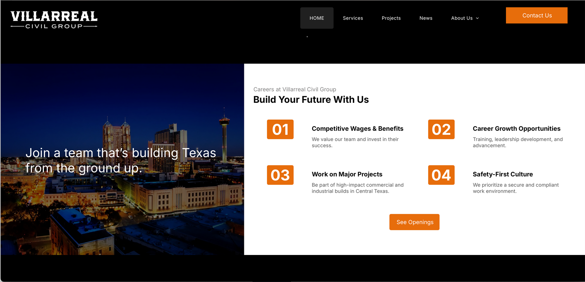 Website homepage featuring cityscape and call to action.