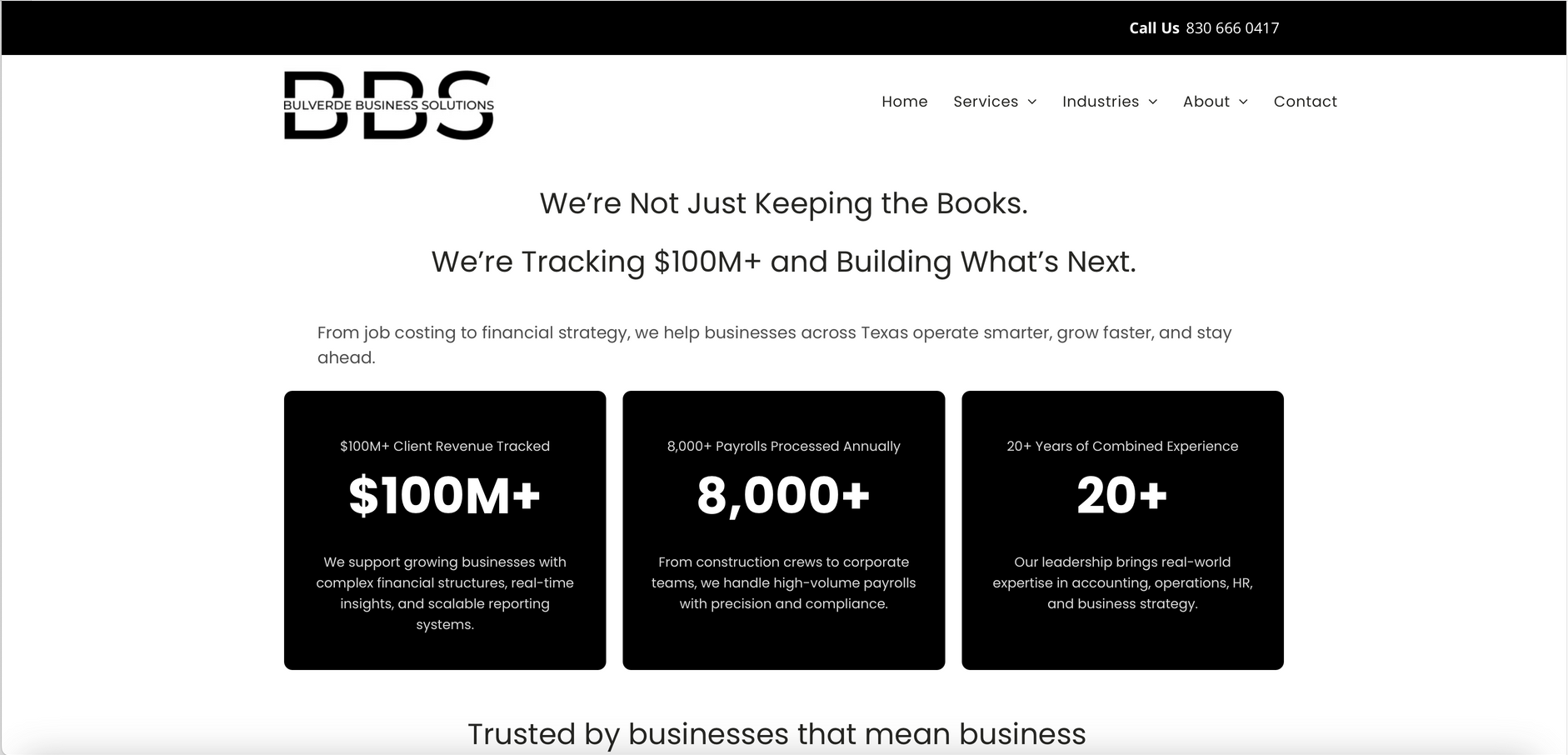 BDS website with statistics of money, users, and years in business.
