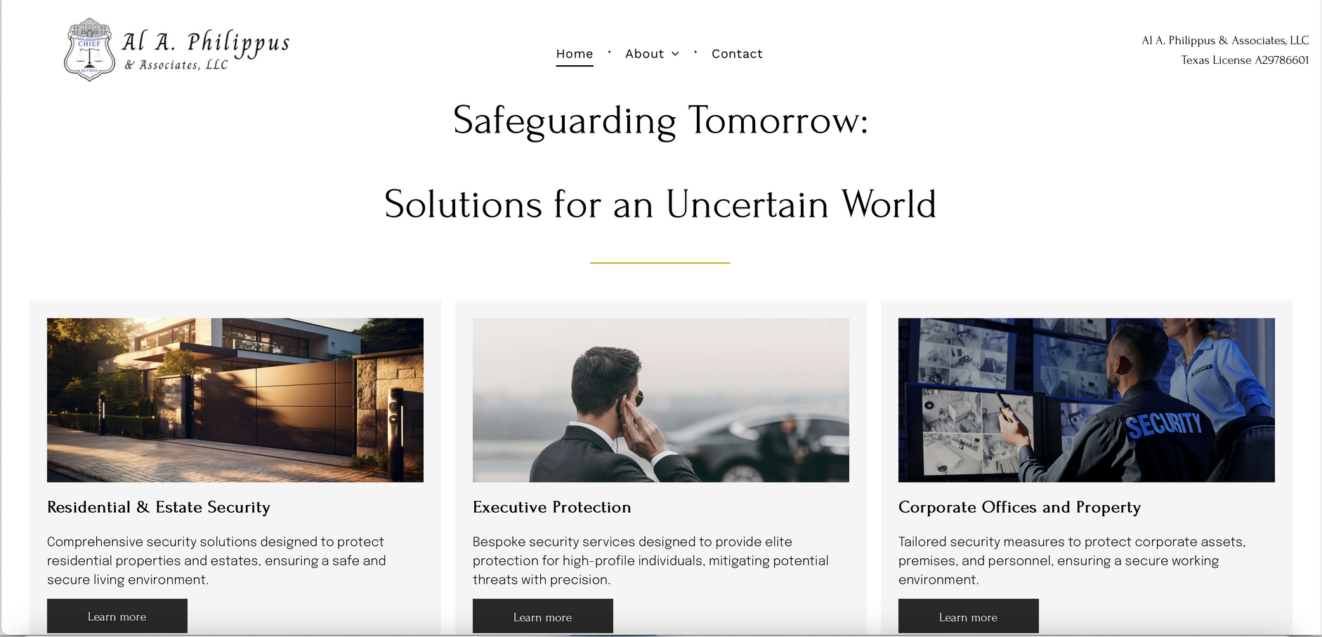 Website with three content boxes: a building, a man on the phone, and people looking at screens, with 
