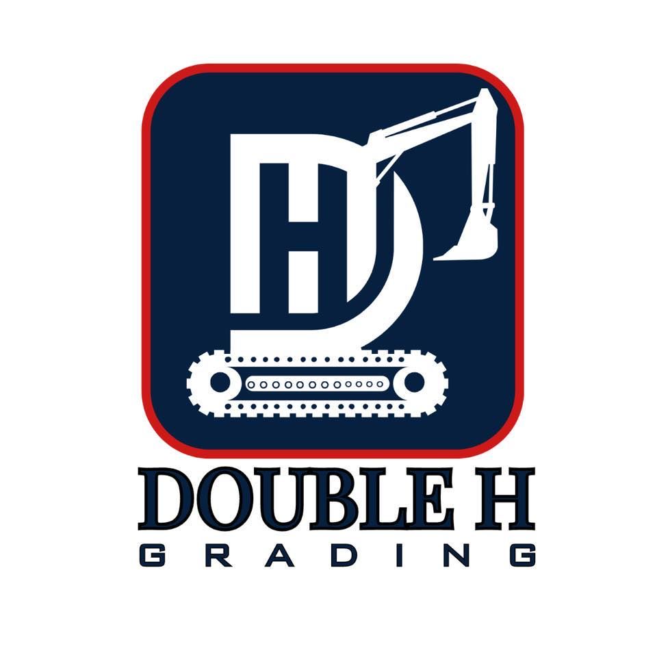 Double H Grading logo: White "DH" and excavator arm over a track on a navy square with red border.