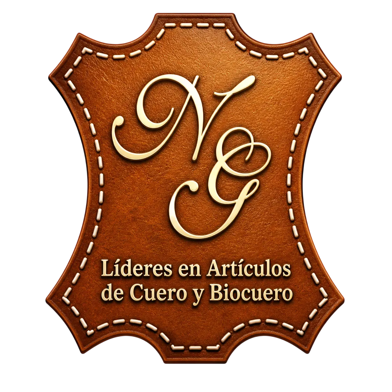Logotipo marrón estilo cuero con el monograma blanco «NG» y el texto «Líderes en Artículos de Cuero y Biocuero»