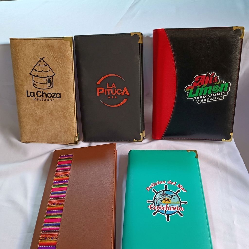 Cinco cuadernos o carpetas de marca coloridos dispuestos sobre una superficie blanca.