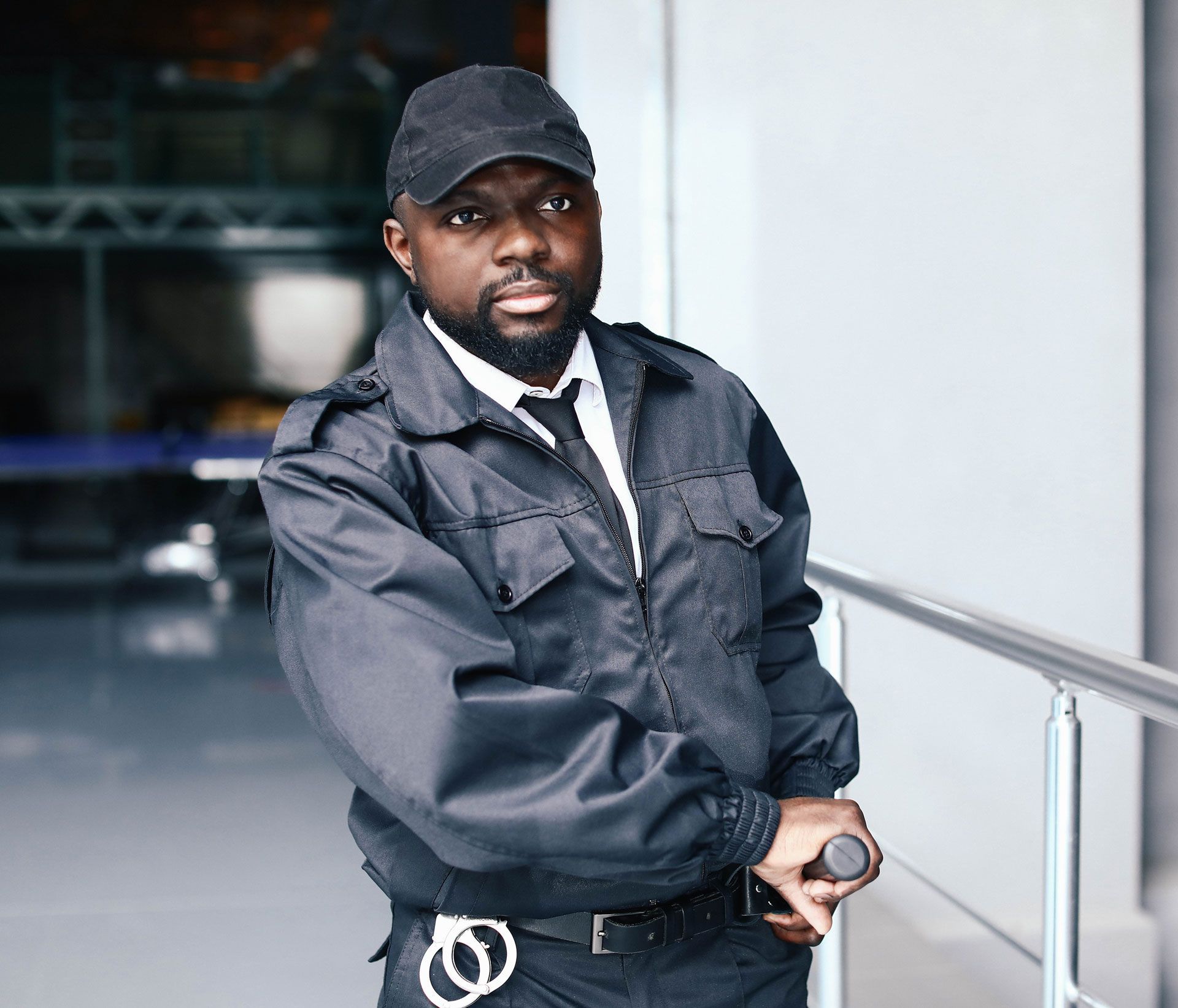 Man in dark jacket and cap leaning on a railing in a modern indoor setting